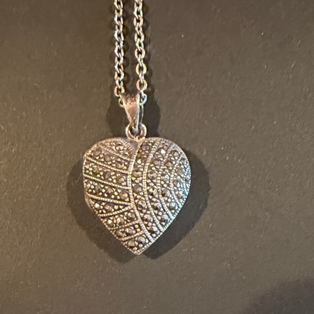 Vintage 925 Sterling Marcasite Heart Locket With Chain